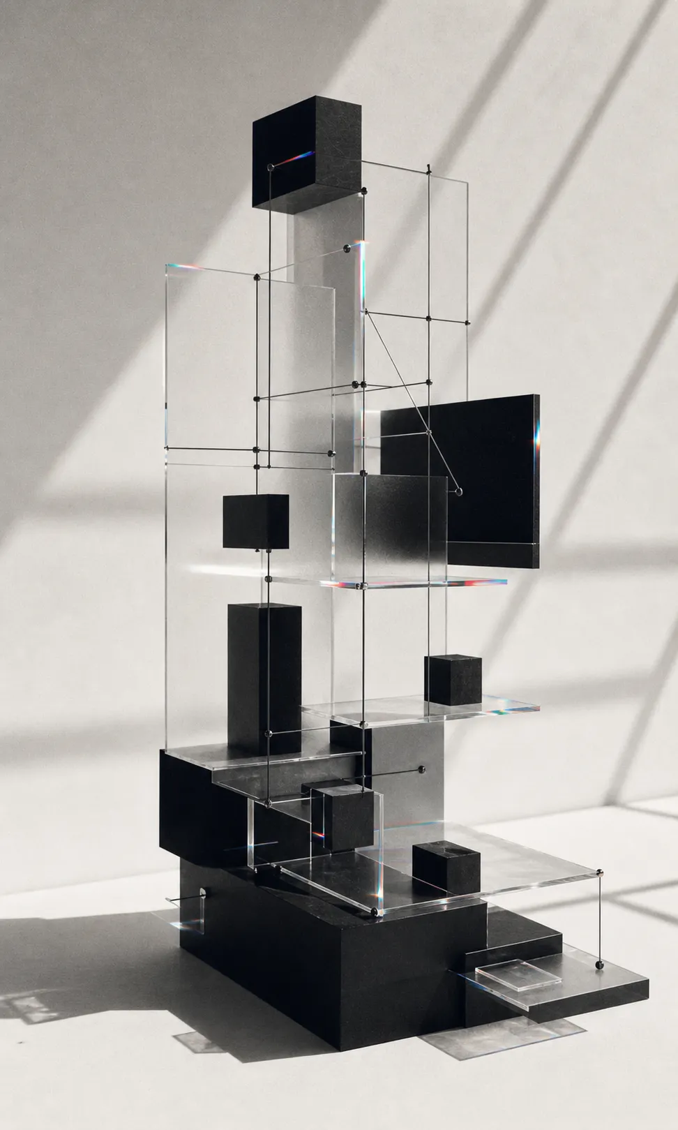 Konzeptionelle modulare Architektur aus Glas und schwarzen geometrischen Elementen