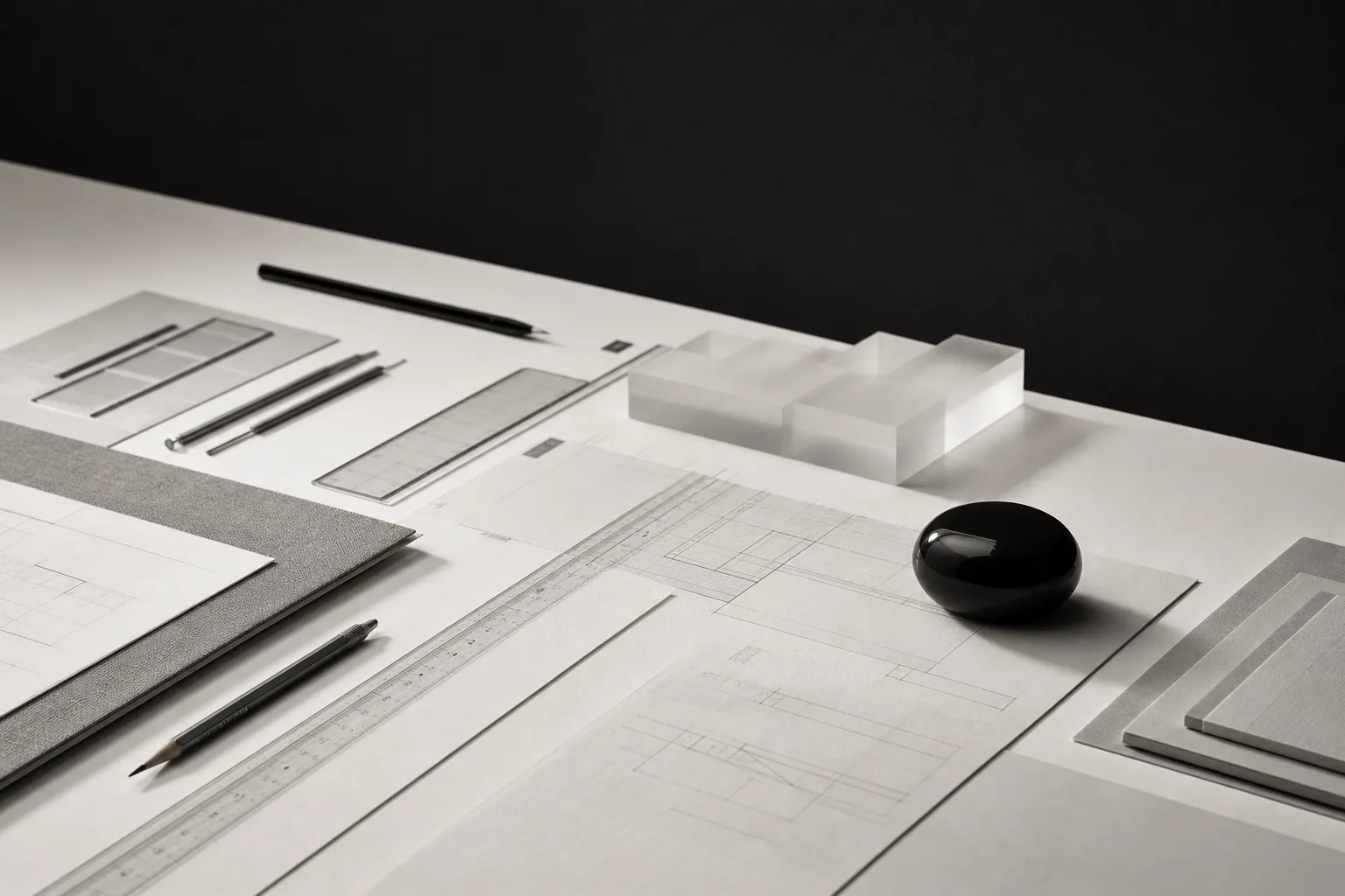 Präzises Entscheidungsstudio mit Papier, Zeichenwerkzeugen und modularen Objekten