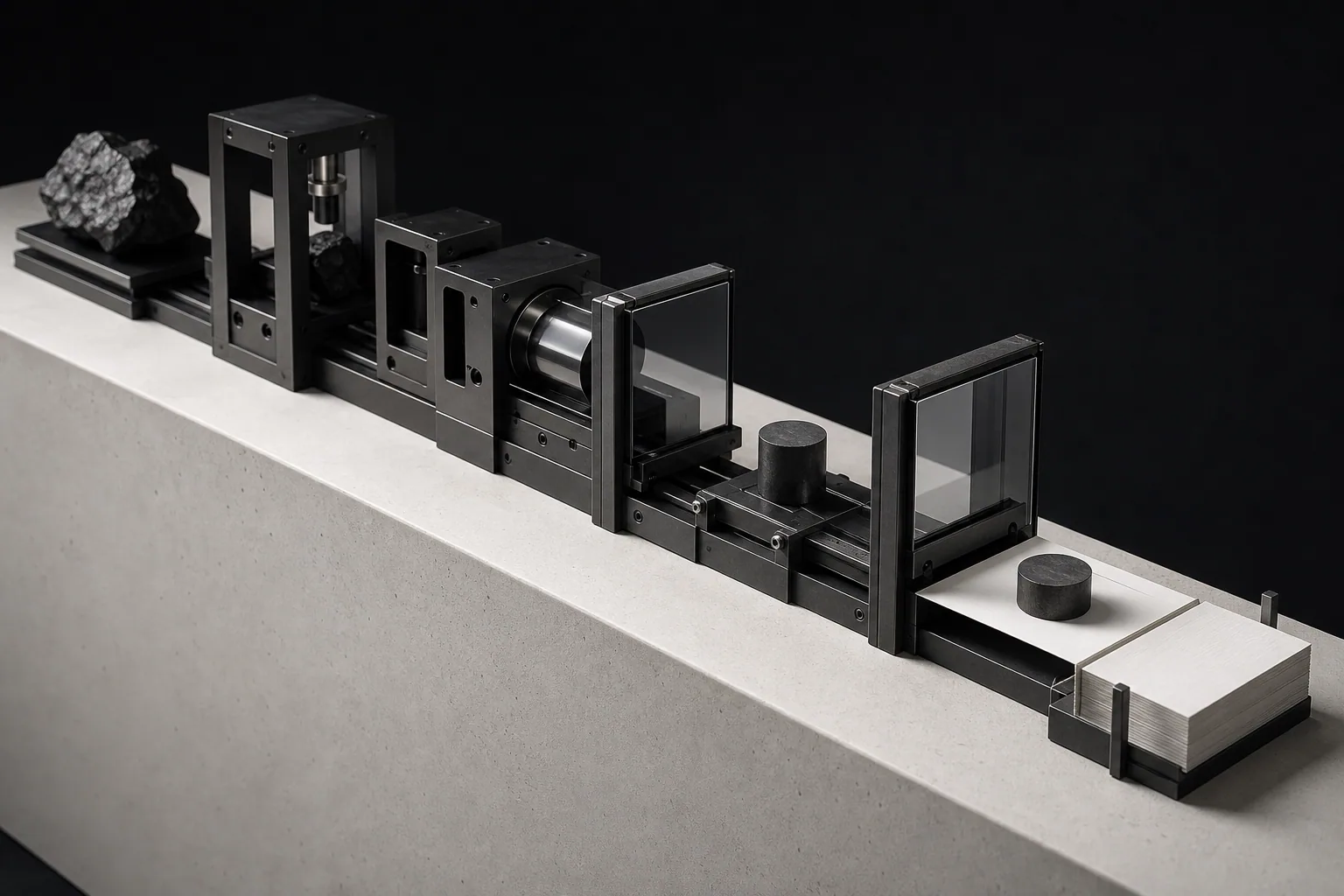 Abstrakte industrielle Prozessinstallation aus Graphitmodulen und Papier