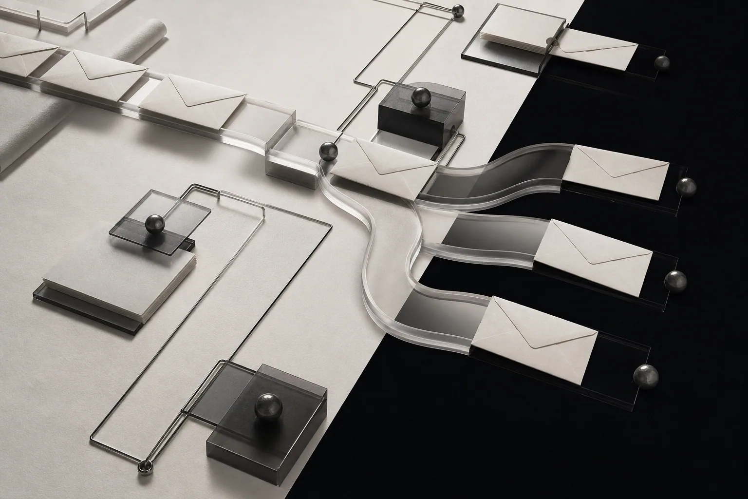 Abstrakte Routing-Installation mit Papierumschlägen und transparenten Kanälen