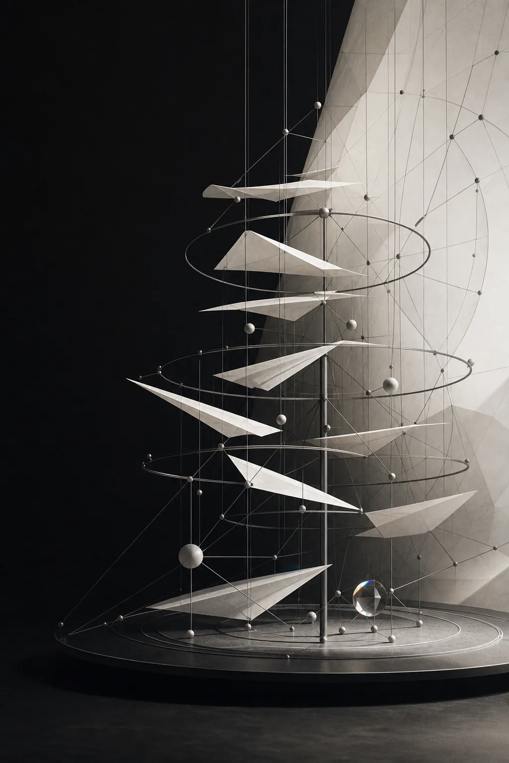 Abstrakte Lernarchitektur aus Papier, Metallringen und verbundenen Wissenspunkten